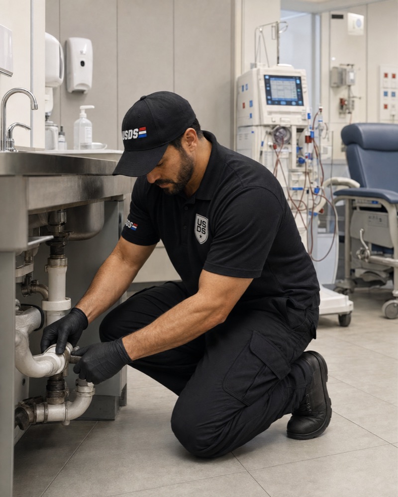 Plumbing technician servicing a drain line in a dialysis clinic