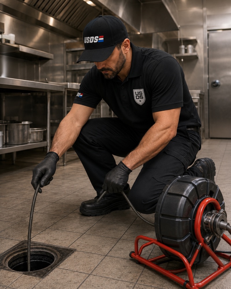 Plumbing technician clearing a floor drain in a commercial kitchen