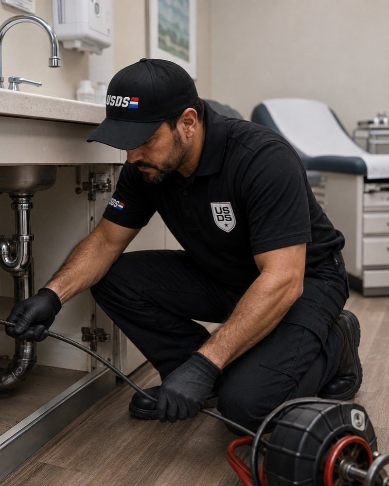 Plumbing technician servicing a sink drain in a medical office