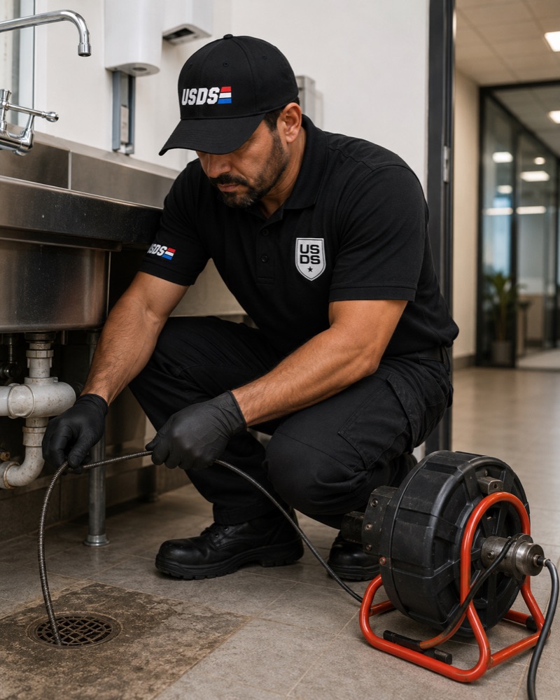 Plumbing technician clearing a drain in an office building