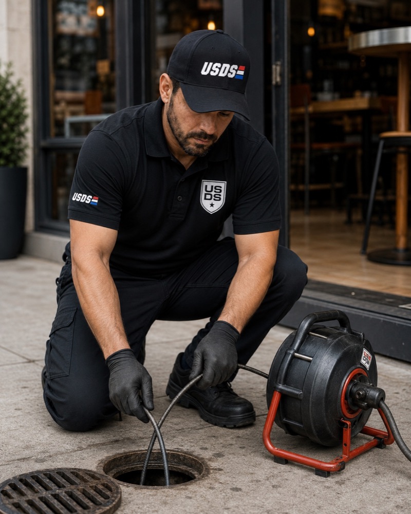 Plumbing technician working on a drain line in a small storefront