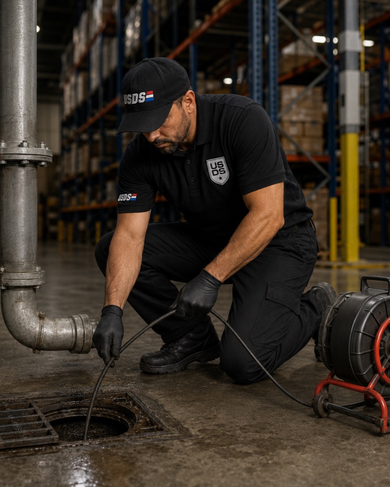 Plumbing technician rodding a drain line in a warehouse